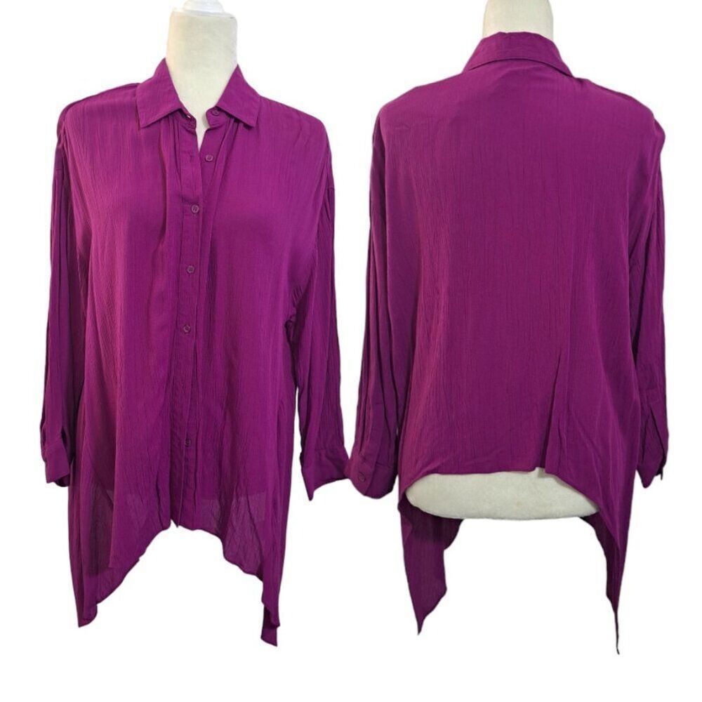 Ro & De Women's Button Down Handkerchief Purple Collared Work Wear Top Sz L
